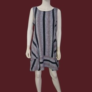 FOR CYNTHIA Blue Striped Linen Tweed Sleeveless Mod Tank Dress